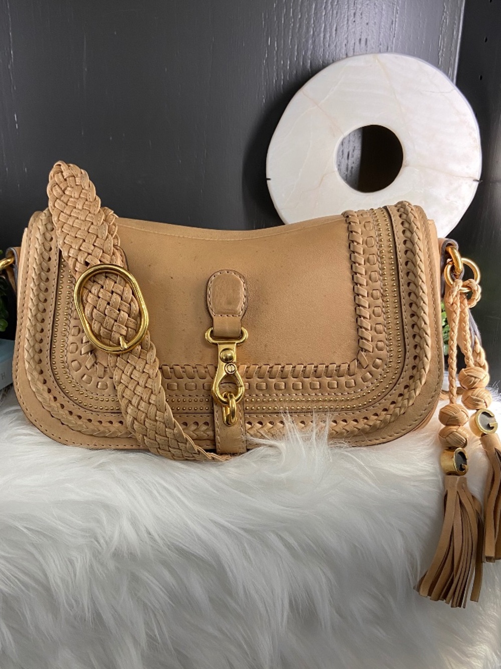 Gucci Hand Woven Shoulder Bag Braided Strap Tassel Bag Charm Light Tan Gold HDW